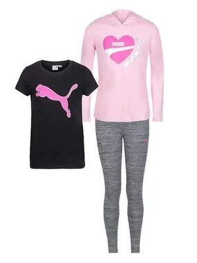 NWT Puma Girls 3-Piece Activewear Set - Pink Heart Hoodie & Leggings - XXS (3/4)